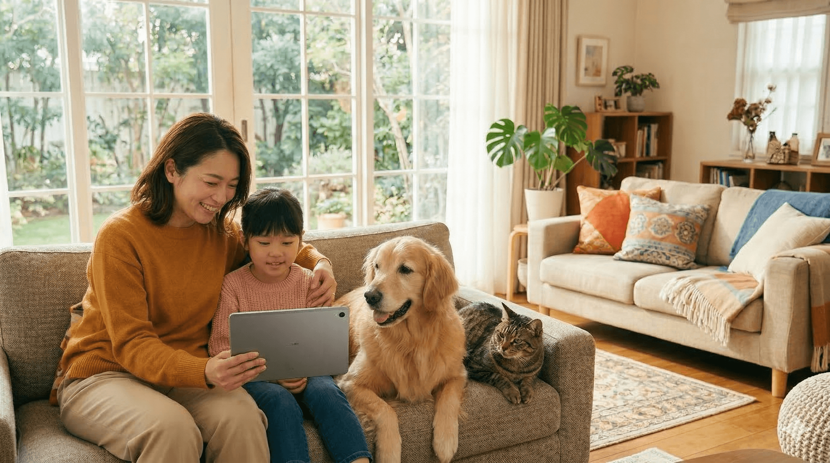 幸せそうにペットと過ごす家族
